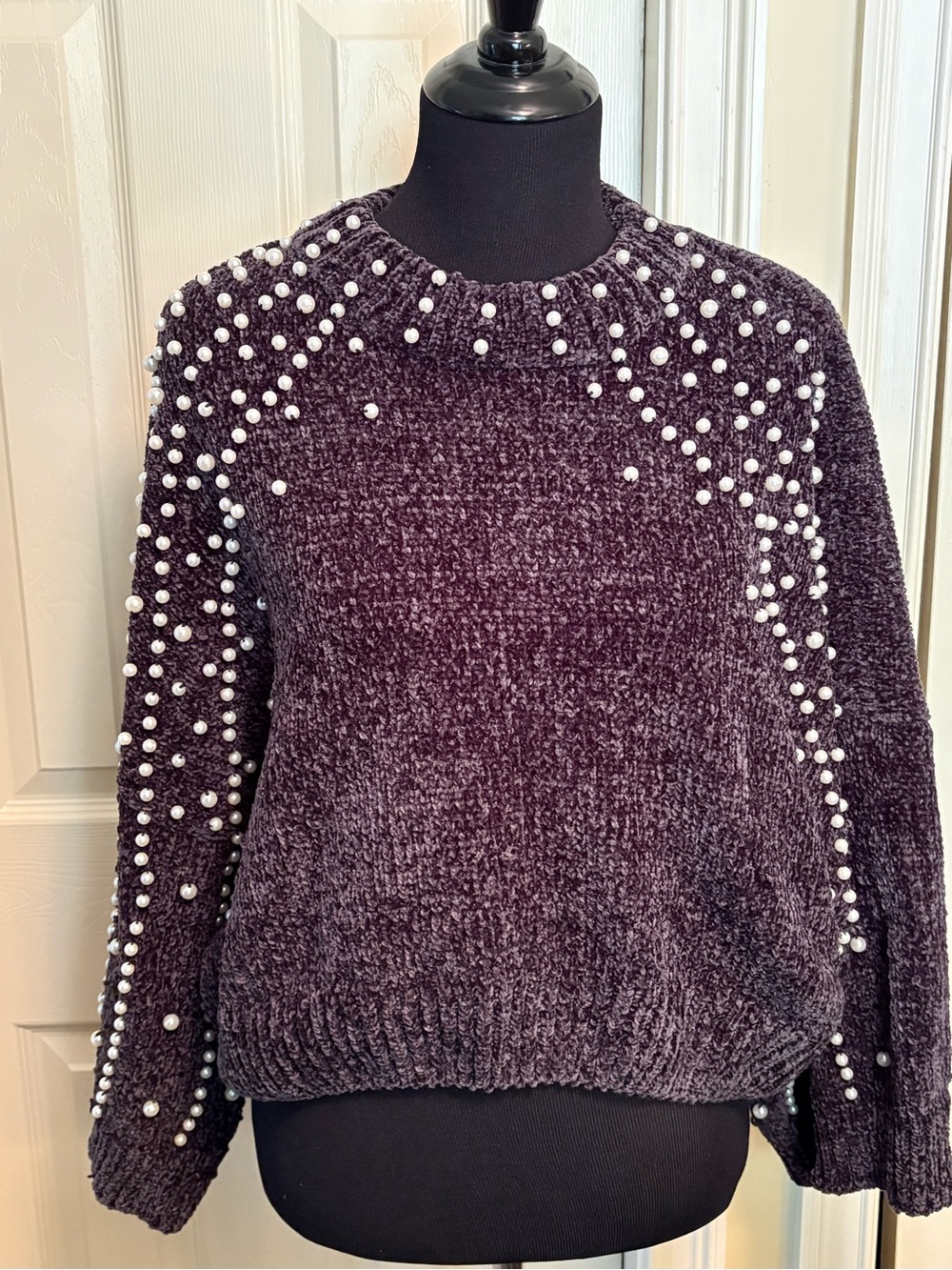 POL Chenille Sweater with Pearl Embellishment